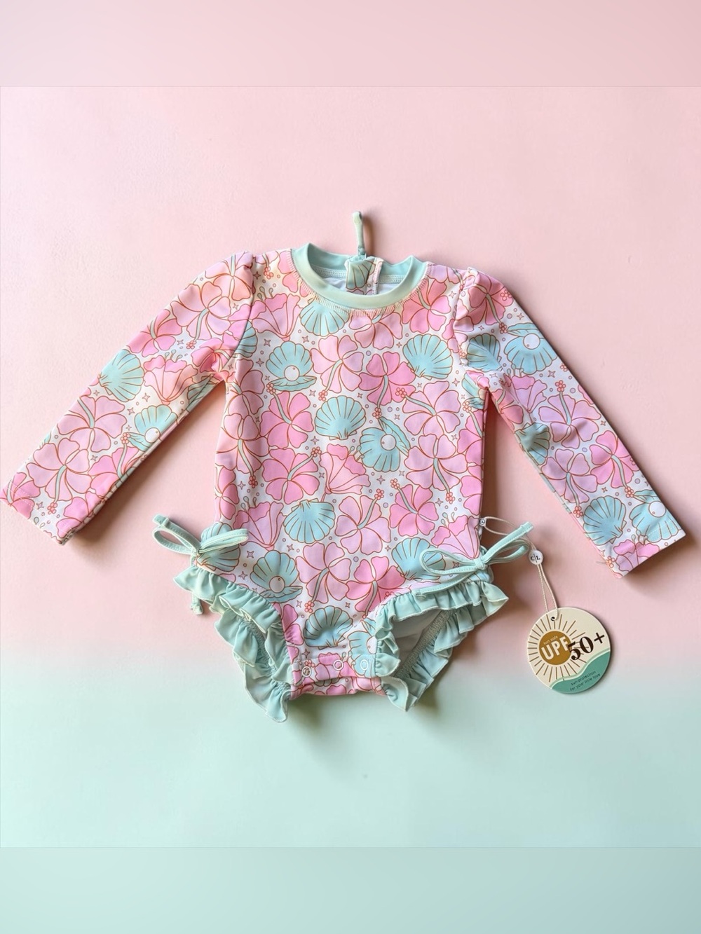 Caden Lane Pink & Mint Seashell Ruffle Rashguard One-Piece